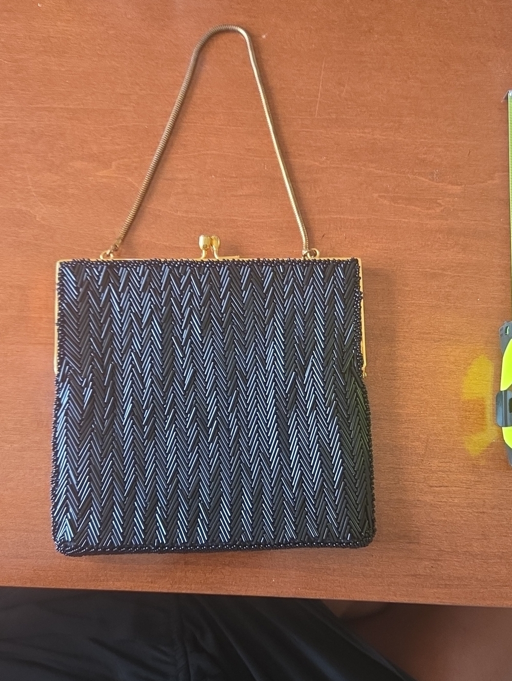 Vintage Black Beaded Evening Handbag with Gold Frame